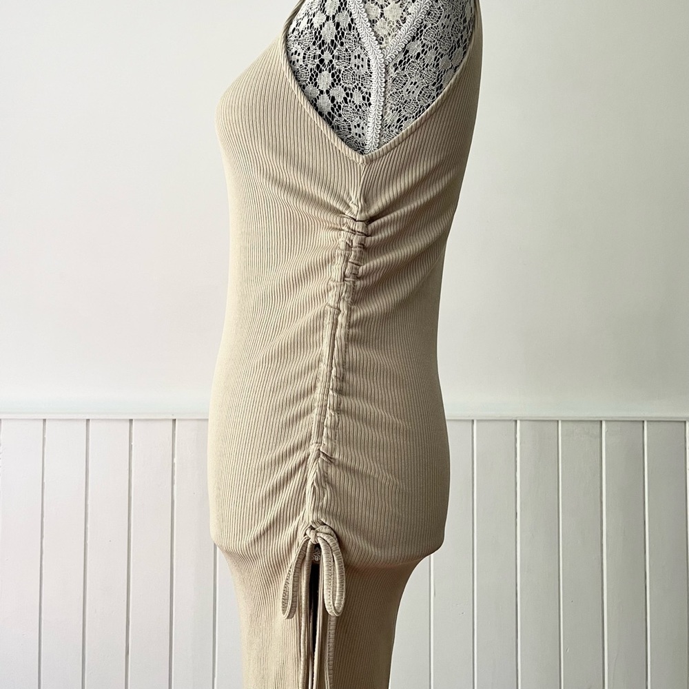 Zara Tan Ribbed Knit Ruched Drawstring Bodycon Dress Size S - Picture 8 of 15